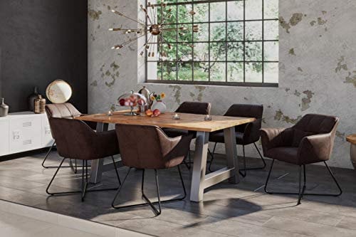 SAM 7tlg. Essgruppe Dora 160 x 85 cm, Mangoholz massiv & naturfarben, Baumkantentisch mit A-Metallgestell in Silber + 6X Stuhl Kirin in Wildleder-Optik