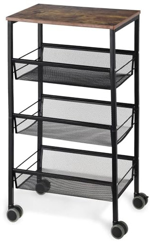 LIANTRAL Carrito de almacenamiento de 4 niveles, carrito de despensa de almacenamiento de malla metálica con ruedas bloqueables, parte superior de aspecto de madera y marco de metal.
