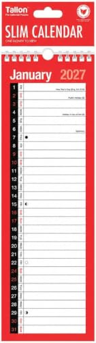 UKDD® Kalender 2022, schmal, 1 Spalte, Monatsansicht, Spiralbindung, Wandplaner, rot und schwarz, für Zuhause, Büro, Schule, 1. Januar 2022 bis 31. Dezember 2022