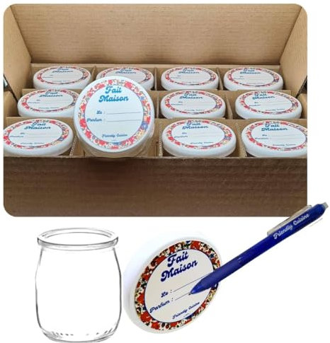 Friendly Cuisine - Pots de Yaourt en Verre avec Couvercles - Lot de 12 pots de 143 ml + 12 Couvercles avec Etiquettes effaçables + 1 Crayon Inclus - Fabrication Française