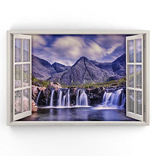 Estika - Leinwand Bilder Fensterblick - Wasserfall, Berge - 120x80 cm - 1 teilige Wandbilder, Bild auf Leinwand, Modern Deko für wohnzimmer schlafzimmer - Natur Landschafts bilder - 5971A_1B
