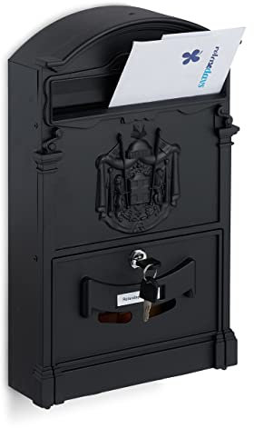 Relaxdays Briefkasten antik, nostalgischer Wand Postkasten mit Sichtfenster, HBT: 41 x 25,5 x 9 cm, Stahl & Alu, schwarz