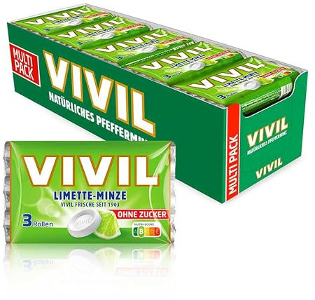 VIVIL Rotoli di menta lime, 20 x 3 confezioni, pastiglie fruttate al sapore di lime, senza zucchero e vegano, 60 x 28 g