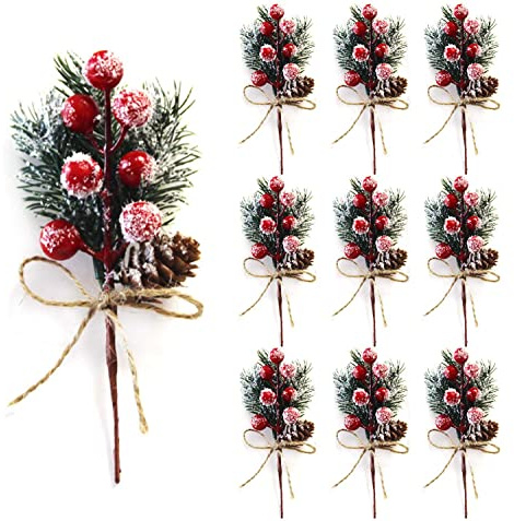 Feizeisun 10Pcs Red Christmas Berries Stems, 7.8 inch Snow Covered Artificial Pine Picks and Sprays Xmas Berry Picks with Pine Cones for Christmas Tree Decorations, DIY Wreath Garland Gift Wrapping