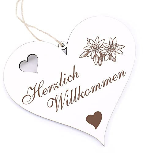 Herzlich Willkommen Schild - Alpen Edelweiss - Deko Herz Holz Willkommensschild Türschild Dekoschild Türdeko
