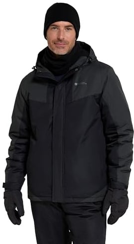 Mountain Warehouse Dusk Mens Ski Jacket - Water Resistant Fleece Lined Rain Coat with Snow Skirt, Adjustable Hood & Cuffs - For Skiing, Snowboarding & Outdoors Black L