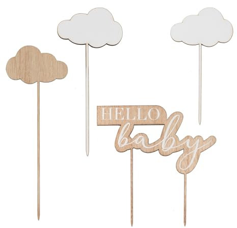 Ginger Ray Wooden Gender Neutral Hello Baby and Clouds Baby Shower Cake Topper