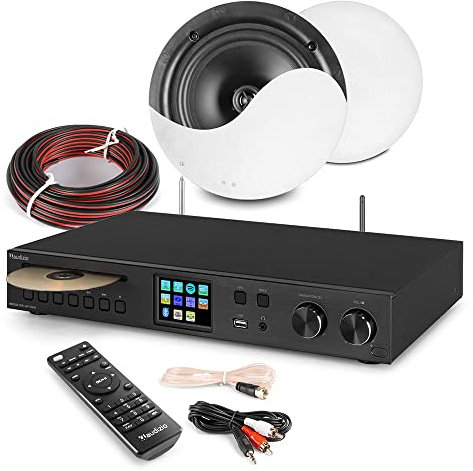 Audizio NCSS6 Ceiling Speaker System Package with Black Brescia Streaming Amplifier - 6.5 Bluetooth WiFi Speakers, DAB+ Radio, Spotify, CD, Home Audio Installation Kit