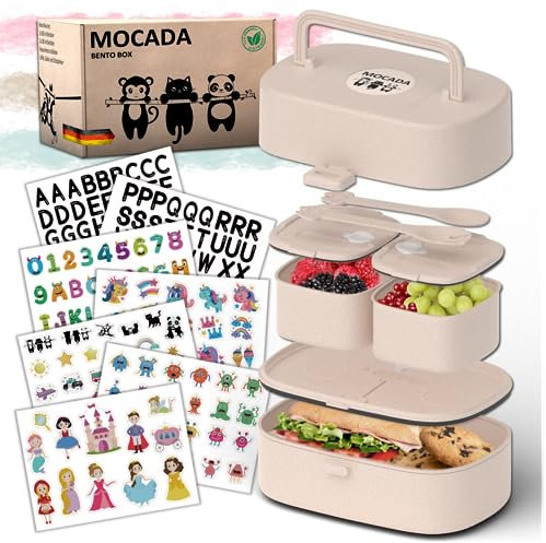 MOCADA® Brotdose Kinder mit Fächern & Griff, Auslaufsicher – Bento Box Kinder, Lunchbox Schule – Jausenbox kinder – Nachhaltige Brotdose mit Besteck & 216 Sticker, Brotbox für Mädchen & Jungen (Beige)