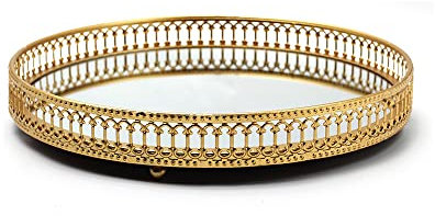 Mirror Vanity Tray, 9.8 Round Jewelry Trinket Tray, Gold Decorative Tray for Dresser Bathroom Tray Storage Perfume Organizer for Bedroom