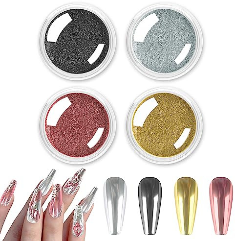 Allstarry Chrome Nail Powder 4 Colors Metallic Mirror Effect Powder Holographic Manicure Pigment Glitter Powder Kit for Nail Art Decoration Gel Polish with 4 Pcs Eyeshadow Sticks