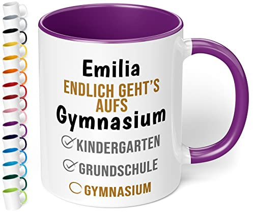 True Statements Keramik-Tasse 'Endlich geht’s aufs Gymnasium' - Personalisierte Geschenk-Tasse für Mädchen und Jungen (Violett, 330 ml)