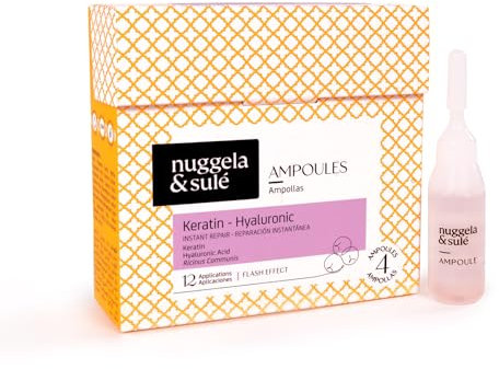 Nuggela & Sulé Pack Ampollas Keratina-Hialurónico - Repara & Reconstruye. Con Aceite de Ricino y Queratina Hidrolizada. Reparación Instantánea. Efecto Flash. Tratamiento para 4 semanas. 4 x 10 ml