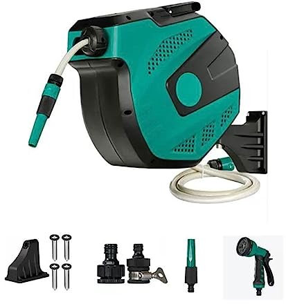 Schlauchtrommel Einziehbarer Gartenschlauchaufroller, 1/2 x 100 Fuß, wandmontierter Wasserschlauchaufroller, automatisches Aufrollen, Arretierung beliebiger Länge, 180° schwenkbar, 30 m GartenSchlauc