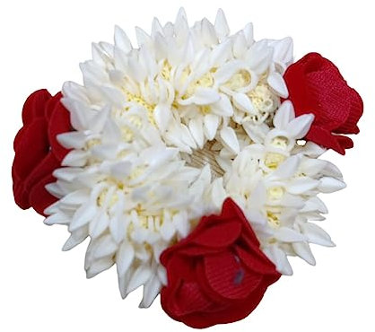 Traditionelle indische Gajra Weiß mit Rose, künstlicher Blumenschmuck, handgemachte Veni Tiara für Frauen, Partykleidung, Mehndi Dutt (1 Stück)