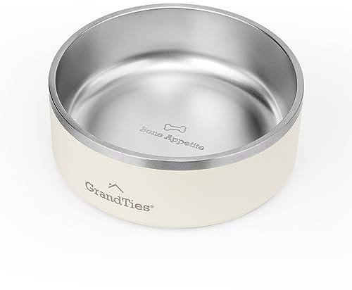 GrandTies Stainless Steel Engraved Pet Bowl | Reusable BPA-Free Insulated Cat & Dog Bowls | Large Heavy Duty Non Skid Spill Proof Dog Bowl | Outdoor Dog Water Bowl (42oz, Ivory White)
