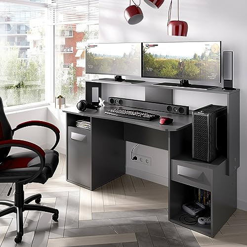 Dmora - Scrivania Manos, Scrittoio multifunzione moderno da gaming, Tavolo da studio porta PC e porta CD, 154x69h98 cm, Antracite, senza luci LED
