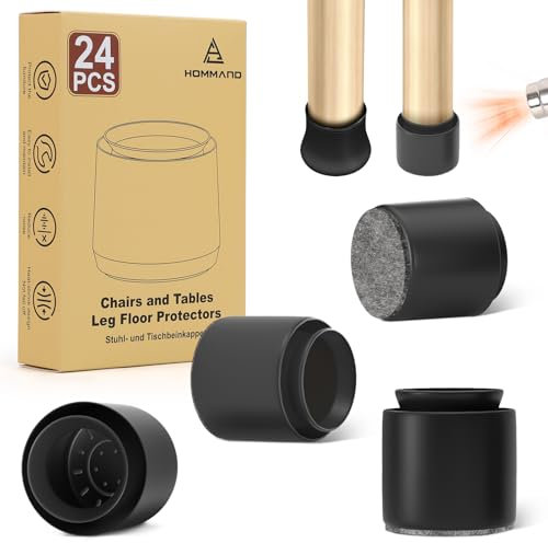 HOMMAND Chair Leg Floor Protectors, 24 Pcs Black Silicone Chair Leg Covers Caps with Wrapped Felt for Hardwood Floors, Rubber Furniture Feet Protectors Cups with Felt Pads(Fit:20-30mm)