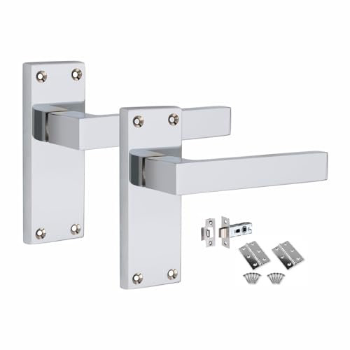 Golden Grace Victorian Straight Delta Door Handles Latch in Polished Chrome with 1 Pair of 3 Standard Butt Hinges & Latches Pack, 1 Set - 120mm x 40mm Backplate