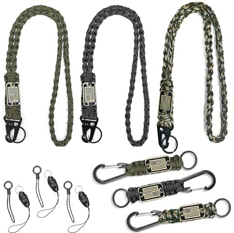 SVICCOOKQ 6 x strapazierfähiges Umhängeband und 6 x kurze Paracord-Schlüsselanhänger, Paracord-Schlüsselband mit USA-Flagge, Militär-Schlüsselband, geflochtene Fallschirm-Lanyards für