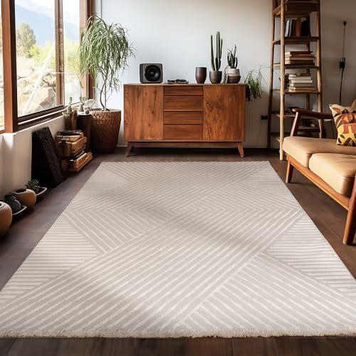 Carpetsale24 Kurzflor Teppich Wohnzimmer 140x200 cm Beige Modern Skandinavisch Boho Design Einfarbig 3D Effekt Weich Waschbar Pflegeleicht für Schlafzimmer Esszimmer