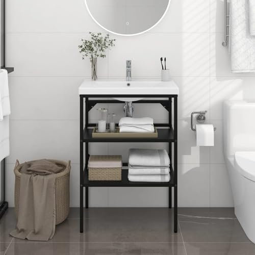 JUNZAI Badezimmer Waschtischgestell, Waschbecken Unterschrank, Bathroom Cabinets, Bad Möbel, Unterschränke Fürs Bad, Schwarz 59x38x83 cm Eisen
