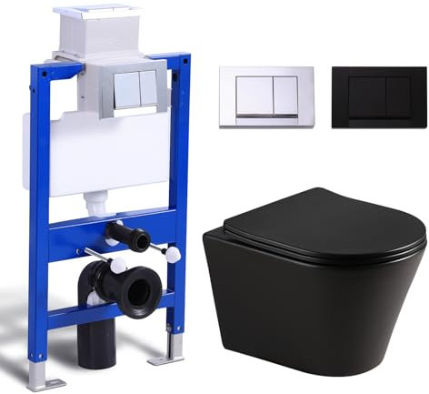 Hänge WC Spülrandlos Mattschwarz Mit Unterputz Spülkasten, Toilette Und Vorwandelement Set Komplett, 2 Drückerplatte, Wand-WC Mit Soft-Close Absenkautomatik, Kloschüssel Für Gäste