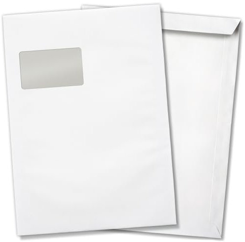 10 x Briefumschläge MIT Fenster DIN C4 für A4 (229 x 320 mm), gerade Klappe, selbstklebend, weiß, 120 g/qm Bewerbung und Dokumente