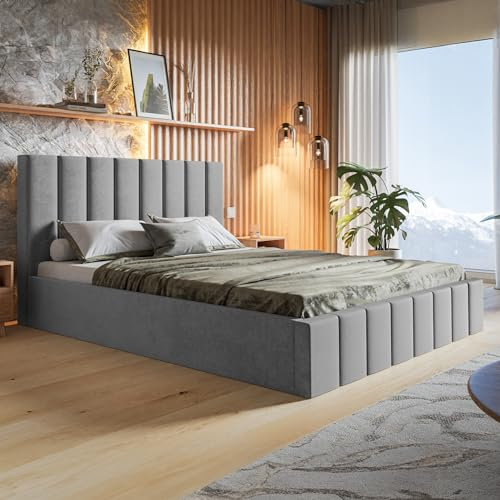 MOTIVENA Ibiza Bett 180x200, Polsterbett 180x200, mit Bettkasten, mit Stauraum, mit Lattenrost, mit Kopfteil, ohne Matratze, Samt, Grau Hellgrau