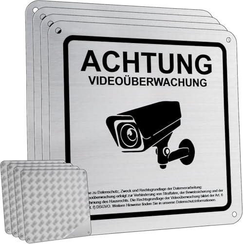 Flintronic Videoüberwachung Schild, 4-er 15x15cm Aluminium Schilder Kameraüberwachung mit DSGVO Hinweis, Achtung Privatgrundstück Warnschild für Innen Außen, Selbstklebend und 4 Bohrlöcher (10mm Dick)