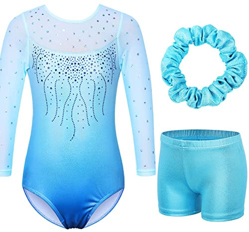 ZNYUNE Gymnastikanzug Hose mädchen Turnanzug Ärmellos/Langarm turnkleidung mädchen Gymnastik Tumbling Tanz Hose KHB272 GradientBlue 10A
