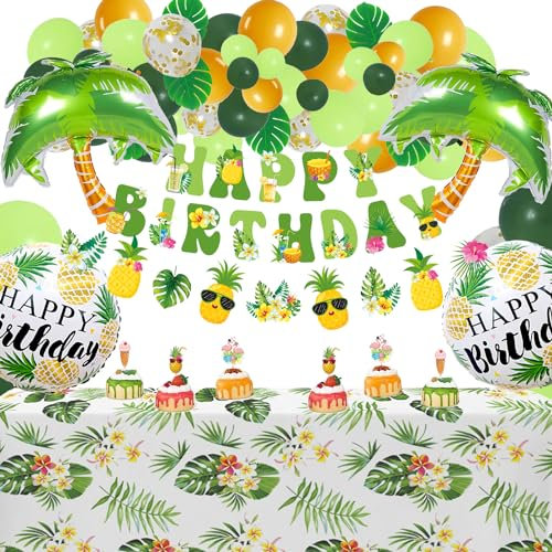 Hawaii Party Deko, Hawaii Tischtücher Deko Set Hawaii Thema Happy Birthday Deko,Palmblätter Ananas Wabenbälle Girlande Hawaii Luau Tischröcke Ballons Arch Kit,Beach Party Deko