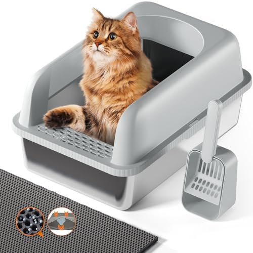 Katzenklo Edelstahl XL/L, Katzentoilette Edelstahl Große Kapazität Auslaufsicher Gegen Verschüttungen Katzenklo, mit Metall Katzenstreuschaufel(hellgrau)