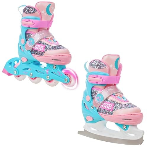 RAVEN 2in1 Schlittschuhe Inline Skates Inliner für Kinder Mädchen verstellbar (Etta Blue/Pink, 34-37 (21,5cm-24cm))
