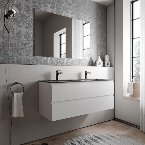 Bernstein Badmöbel-Set AVA 120cm bestehend aus Mineralguss-Doppel-Waschbecken mit Unterschrank in Weiß matt, Waschtisch Bruxelles - Schwarz matt mit Hahnloch, Ideal für große Bäder
