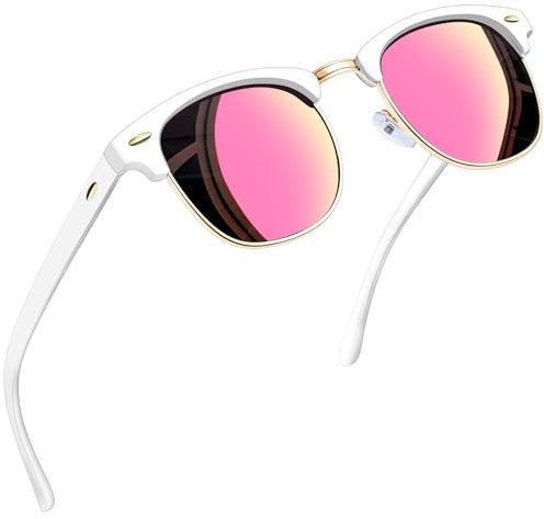 Joopin Klassische Rosa Verspiegelte Sonnenbrille Halbrahmen Damen Polarisiert und Herren Sonnenbrille Retro Brille UV400 für Fahren und Tourismus (Weißer Rahmen Verspiegelte Rosa)