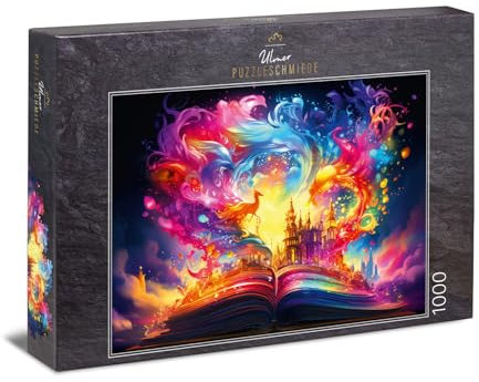 Ulmer Puzzleschmiede - 1000 Teile Puzzle „Märchenbuch“ - Leuchtend-magisch inszeniertes Puzzle mit Märchen und Fabeltieren über dem Buch der Phantasie – Puzzle-Qualität Made in Germany