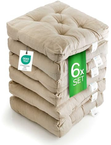 etérea Sitzkissen 42x42 cm 6er Set - Taupe 8 cm hoch - Bodenkissen für Indoor, Outdoor, Küche, Garten, Auflage - Heidi Stuhlauflage - 6 Stück Stuhlkissen 40x40 cm Taupe