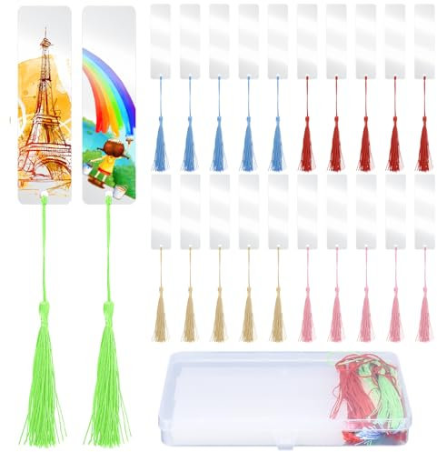 Bnnrjia 40 Acryl Lesezeichen Rohlinge & 40 bunte Quasten, DIY Blanko Lesezeichen zum Ausmalen, Rechteckige Transparente Acryl Lesezeichen Personalisiert für DIY Projekte Geschenkanhänger