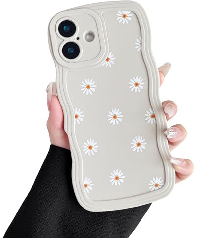ZTOFERA Case for iPhone 16, Cute Curly Wave Frame Daisy Pattern Liquid Silicone Case, Flexible Shockproof Protective Bumper Cover for iPhone 16 6.1 - Beige