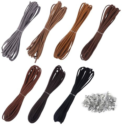 Luabue 7 Pezzi Colori Cordoncino in Pelle 2.6mm x 5m Cordino in Pelle Scamosciata Corde in Pelle con 100 pezzi Estremità in Cordoncino Corda di Cuoio per Braccialetti Gioielli Fai Da Te