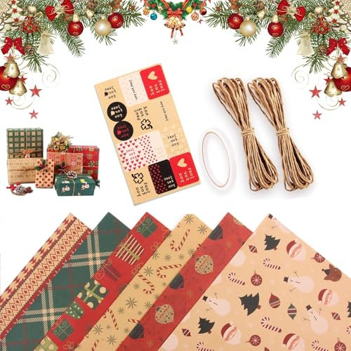 Carta da Regalo Natale - 6 Fogli 70x50cm per Bambini, Stili Natalizi, Kraft, con Adesivi, Nastro Biadesivo e Corda
