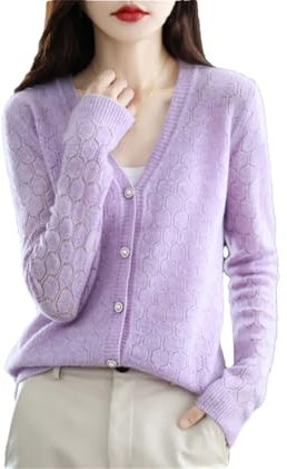 Cardigan da donna con scollo a V, in lana, tinta unita, a maniche lunghe, con scollo a V, morbido maglione lavorato, Viola chiaro, L