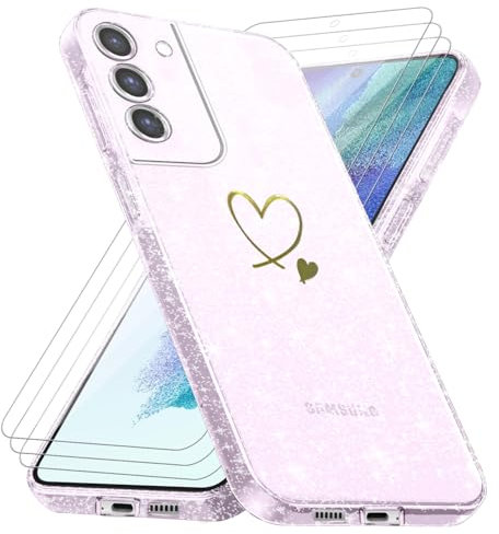 Cover Compatibile con Samsung Galaxy S21 FE 5G ((Non per S21), con 3 Pezzi Vetro Temperato Pellicola Protettiva, Glitter e Antimpronta Custodia, Antigraffio e Morbido Caso - Trasparente
