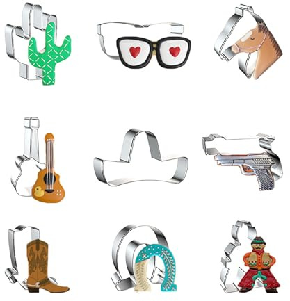 WDYJMALL Lot de 9 emporte-pièces de cowboy occidental – Lunettes de cactus, Cheval, Guitare Mexicaine, Cinco de Mayo, Sombrero, Chapeau, pistolet, Cowboy, Botte en fer à cheval Cowboy – B