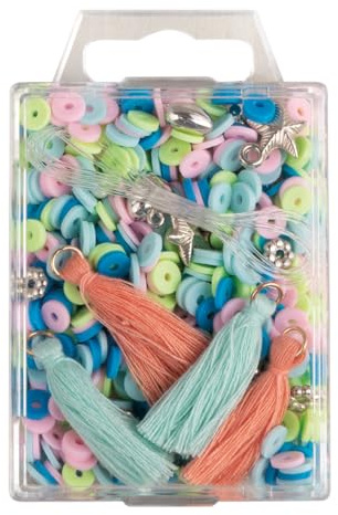 Rayher Heishi Perlen aus Polymer-Ton, blaugrün hell, Größen, Formen und Farben gemischt, Schmuckperlen, Bastelperlen, Mix mit Glasperlen, Quasten, Faden, 15403405