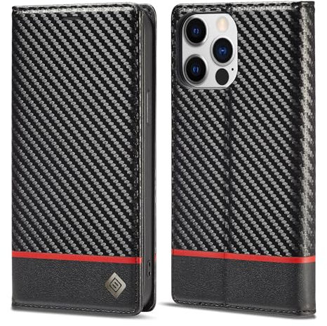 Smartphone Flip Case Ultra-Thin Case Compatible with iPhone 13 Pro Max,Luxury Carbon Fiber Texture PU Leather+TPU Hybrid Case,Full Protection Shockproof Flip Cover [Fingerprint Prevention][Camera＆Scre