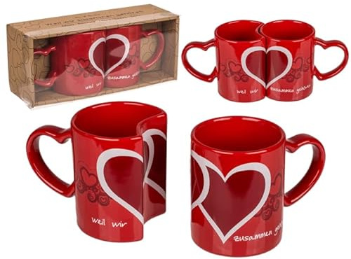 BLUECHOLON Taza doble corazón Cerámica, el uno para el otro, San Valentín, Día de los enamorados, Aniversario, Weil wir zusammen gehören, aprox. 8,3 cm, de gres