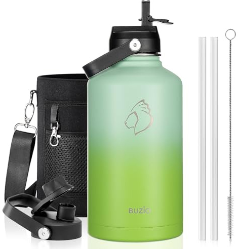 BUZIO 2L Insulated Water Bottle Stainless Steel with Straw & Spout Lid | Large Metal Water Thermo Flask, Keeps Cold 48 Hrs Hot 24 Hrs, Leakproof Drink Bottles, BPA-Free, for Gym, Travel, Sports