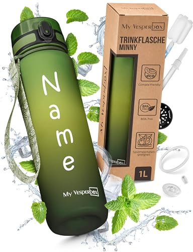 My Vesperbox – Minny - Kinder Trinkflasche - Personalisiert mit deinem Name – 500,750, 1000ml ink. Strohhalm oder Sieb - BPA frei - für Kindergarten, Schule, Sport, Freizeit (Grünverlauf 1L)
